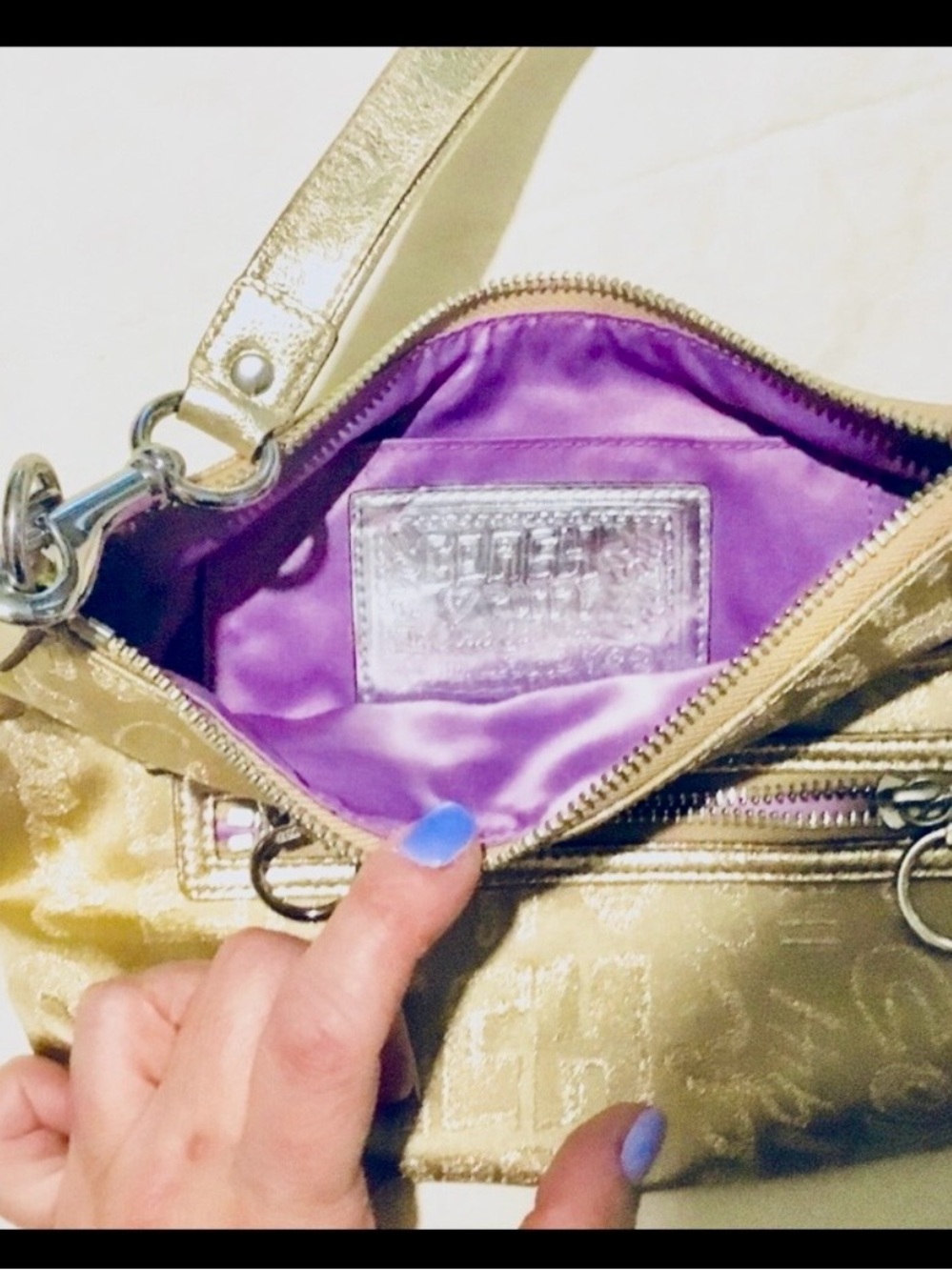 COACH Poppi bag Metallic Gold Bag with Purple Lining